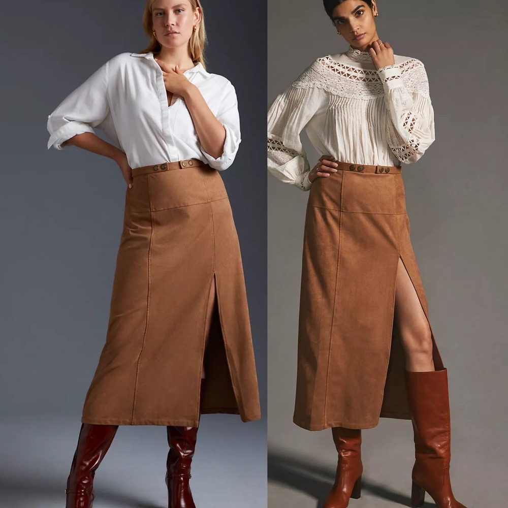 Anthropologie Brown Faux Suede Midi Skirt Size 12 Bohemian Slit Western‎ Boho